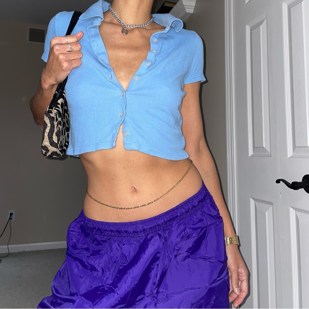 Y2K Button Front Short Sleeve Collared Crop Top Shirt in Celestial Blue